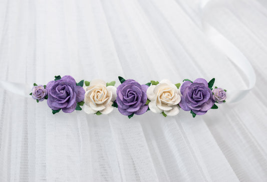 Purple and ivory rose floral bun wrap with satin ribbons for ballet and weddings.